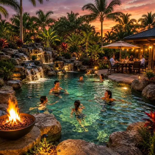 People enjoying a swimming pool at sunset with waterfall features, tropical plants, and outdoor dining area in the background.