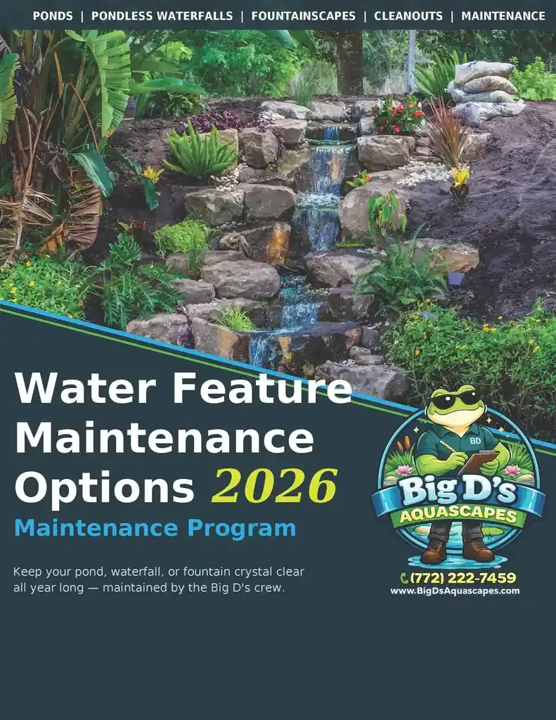 An advertisement for Big D's Aquascapes shows a landscaped garden with a multi-tiered waterfall feature surrounded by lush green plants and rocks. The text promotes water feature maintenance options for 2026 and provides contact information for the company.