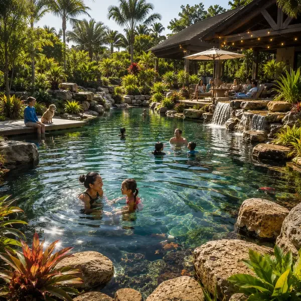 People swimming and relaxing in a tropical outdoor pool surrounded by lush greenery and rocks, with a shaded pavilion in the background.