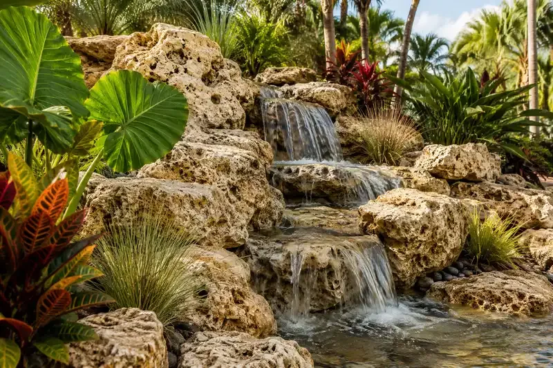 A small waterfall cascading over rocks in a lush tropical garden with green plants and trees.