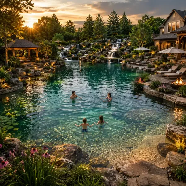 People swimming in a clear, natural-looking backyard pool with a waterfall, surrounded by lush trees and a house with outdoor seating and umbrellas at sunset.