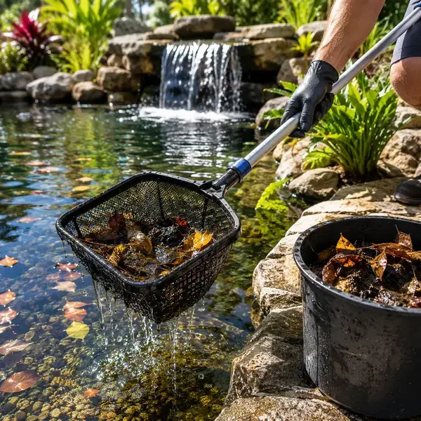 A person using a mesh net to remove leaves from a pond with a waterfall feature in the background.
