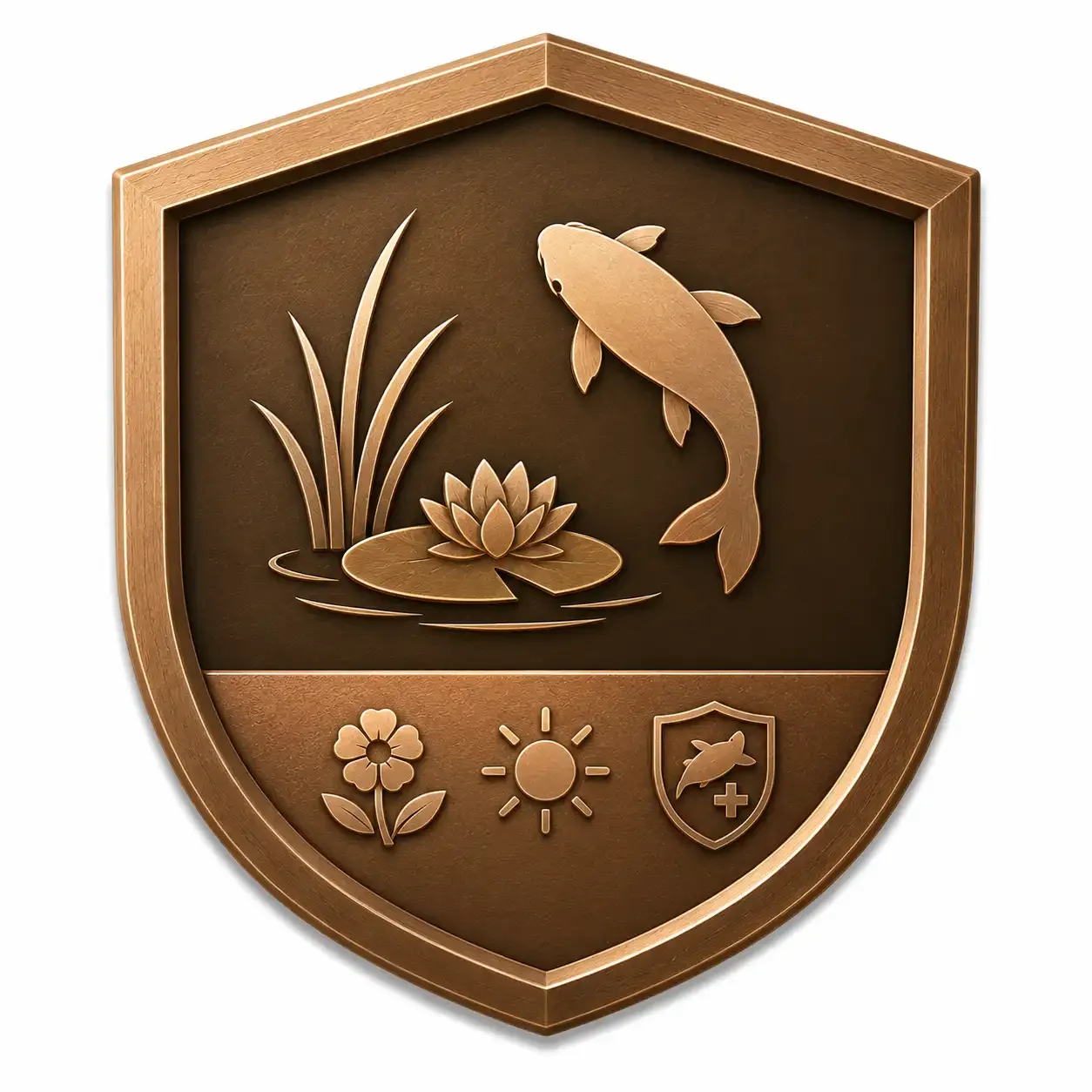 A bronze-colored shield-shaped emblem featuring a fishing scene with a fish jumping out of water, cattails, and a lily pad. Below the scene are symbols of a flower, sun, and a fish with a medical cross, representing nature, sunlight, and health.