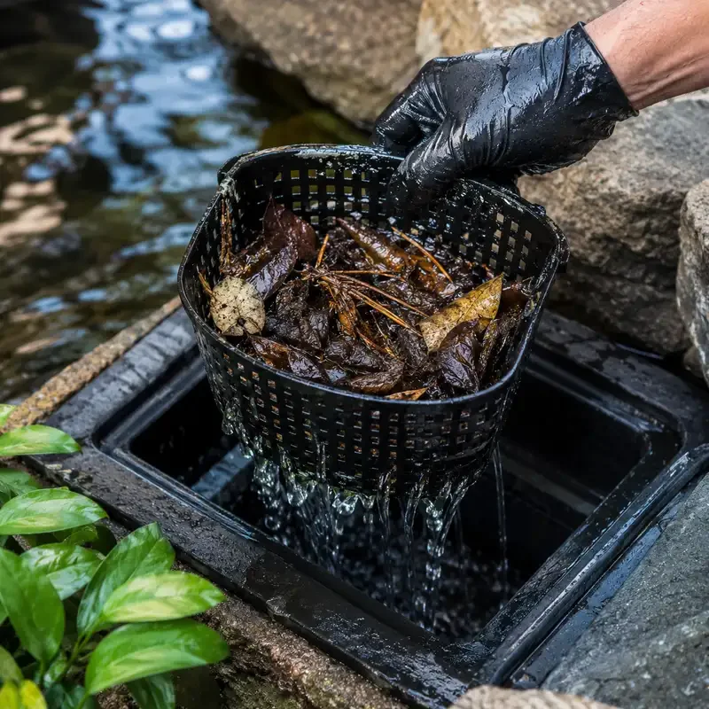 A person wearing a black glove is using a black plastic basket to scoop up wet leaves from a pond or small water body, with water pouring out of the basket into the pond.