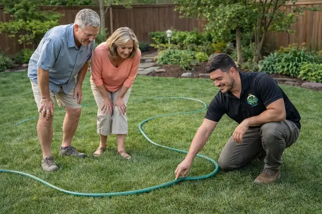 Three people in a backyard, two older adults and one younger man, watching a gardener lay out a sprinkler system on the grass, with trees and bushes in the background.