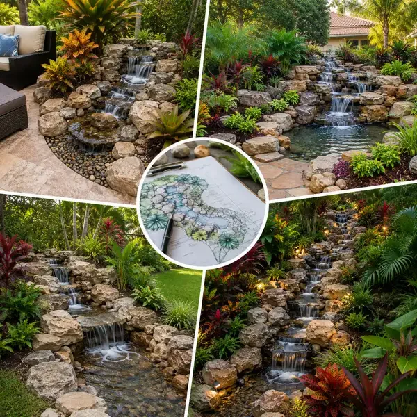 Collage of four outdoor waterfall landscape designs with surrounding lush plants, rocks, and water features, plus an architect's garden layout sketch in the center.
