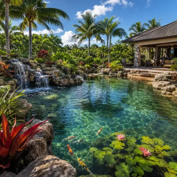 Tropical backyard with a natural-looking pond, small waterfall, and koi fish, surrounded by palm trees and lush greenery, with a patio and outdoor seating area.