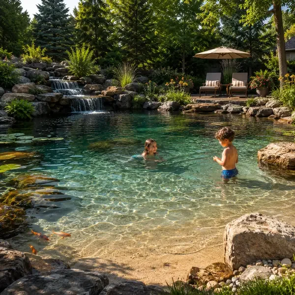 Children swimming in a backyard pool with waterfall and garden surroundings, outdoor chairs and an umbrella in the background.