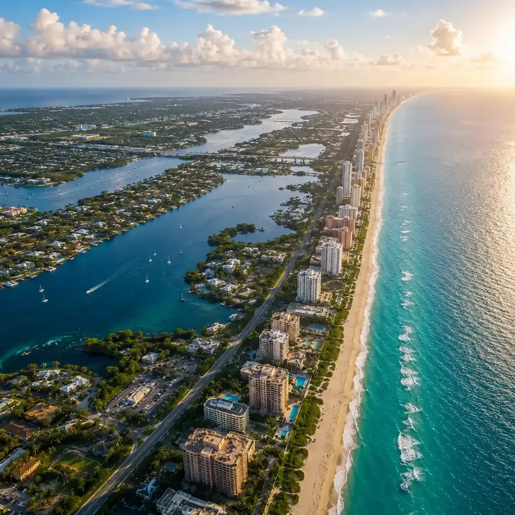 Aerial view of a coastal city with high-rise buildings along a sandy beach, extending into the horizon at sunset, with ocean waves and partly cloudy sky.