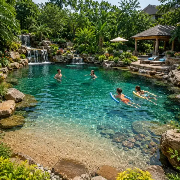 People swimming and relaxing in a backyard pool with waterfall features, surrounded by lush greenery and outdoor furniture.
