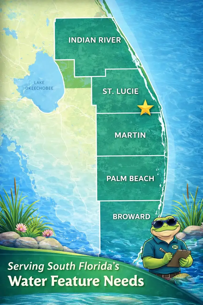 Map of South Florida showing water feature needs for Palm Beach, Martin, St. Lucie, and Indian River counties with a star marking a specific location, decorated with a cartoon frog wearing sunglasses holding a clipboard and standing near plants and rocks.