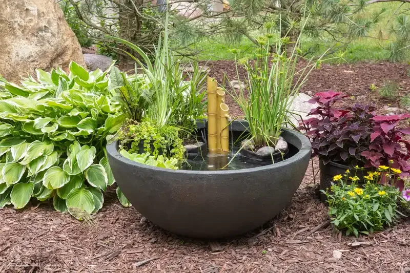 A garden with a dark, round water fountain featuring bamboo spouts, surrounded by lush green plants, purple and yellow flowers, and mulch.