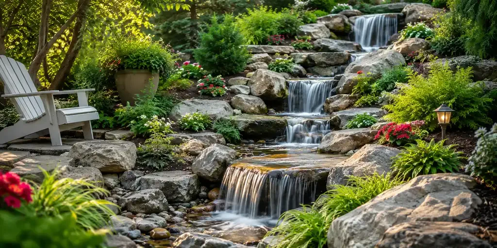 A landscaped garden with a flowing multi-tiered waterfall, surrounded by rocks, colorful flowers, bushes, and a white Adirondack chair on the left, with a small lantern-style light on the right.