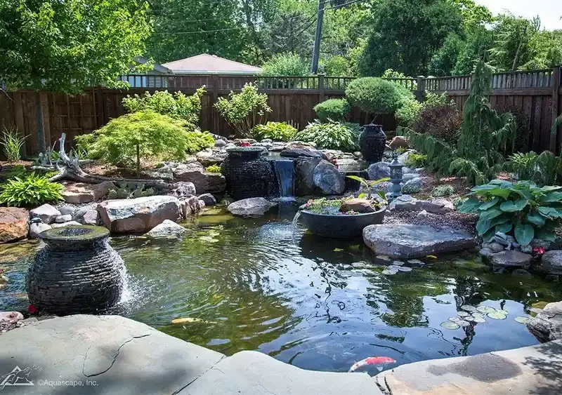 A backyard pond with rocks, greenery, and a small waterfall, surrounded by a wooden fence and trees.