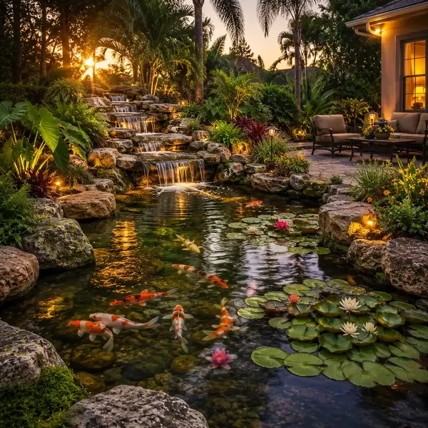A backyard with a pond filled with koi fish and water lilies, surrounded by rocks, lush plants, and a waterfall at sunset, with outdoor seating and a house with warm lighting.