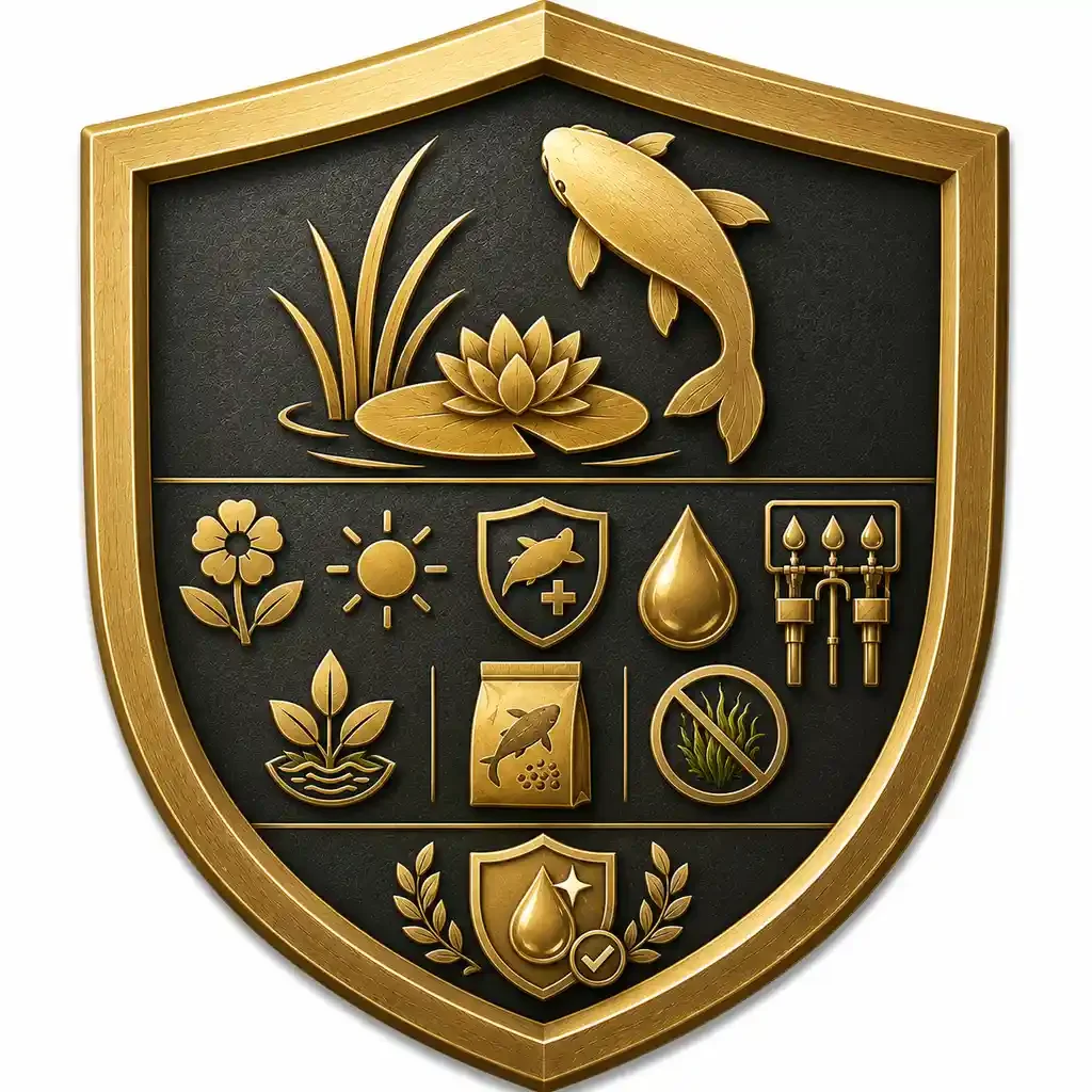 Gold and black shield emblem featuring a fish jumping out of water with reeds and a water lily, symbols of water quality, health, and safety, including icons of a flower, sun, shield with fish and cross, water droplet, forging tools, plant, fish food, no algae, and a checkmark with a droplet surrounded by laurels.