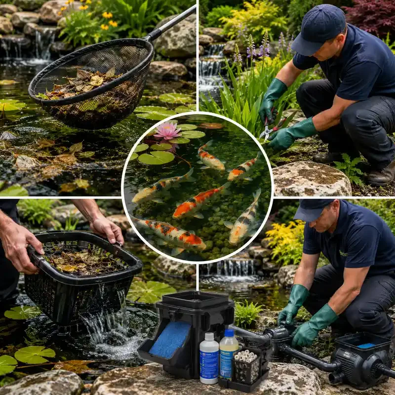 A pond with koi fish, a person cleaning a pond, and pond maintenance equipment in a lush garden setting.