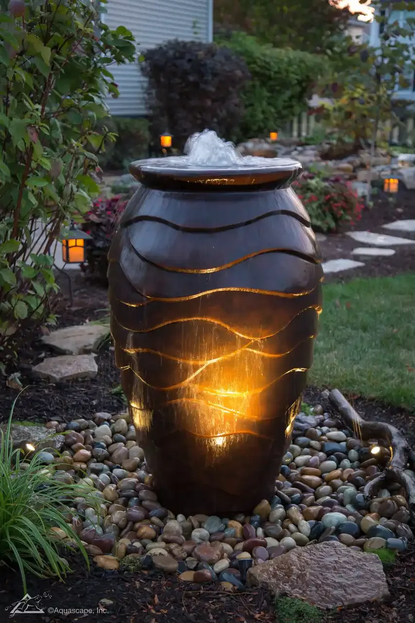 A decorative outdoor water fountain in a garden at dusk, illuminated with warm lighting, surrounded by small rocks, plants, and pathway lights.