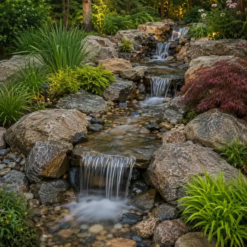 A small garden stream with flowing water cascading over rocks, surrounded by lush green plants and foliage.