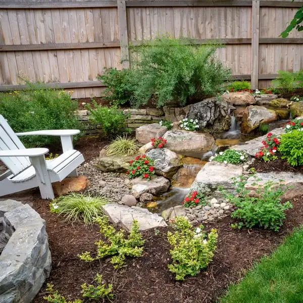 A backyard garden with a small waterfall surrounded by rocks, colorful flowers, green shrubs, and a white garden bench.