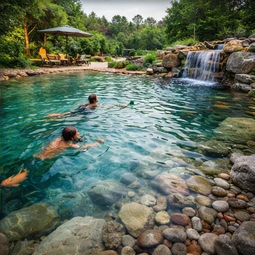 People swimming in a natural outdoor pool with rocks, a waterfall, trees, and outdoor furniture with an umbrella.