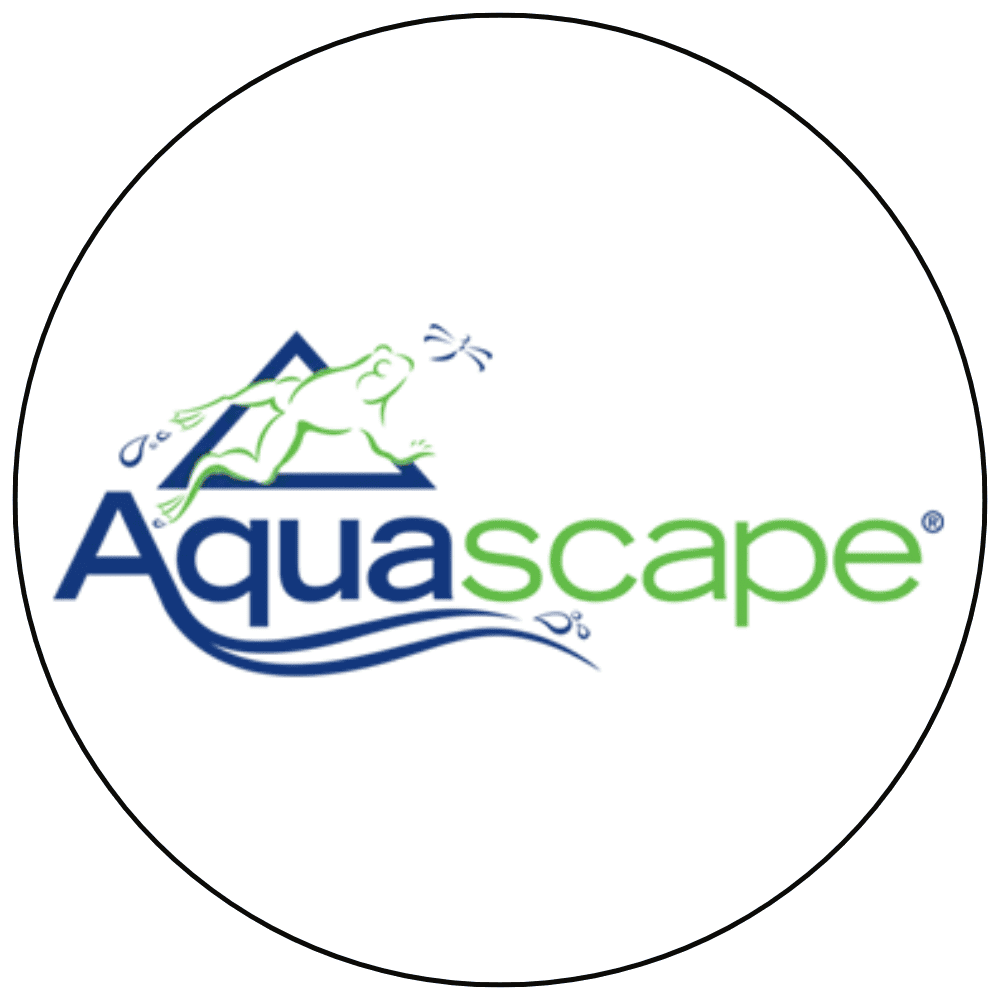 A logo of Aquascape featuring a stylized frog jumping over a triangular shape with water splashes, with the text 'Aquascape' in blue and green.