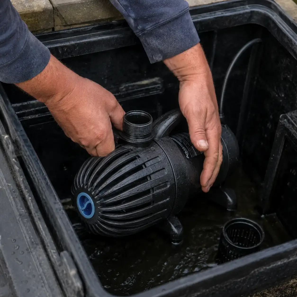 A person installing a black pond pump inside a pond or water feature, with hands holding the pump and water flowing around it.