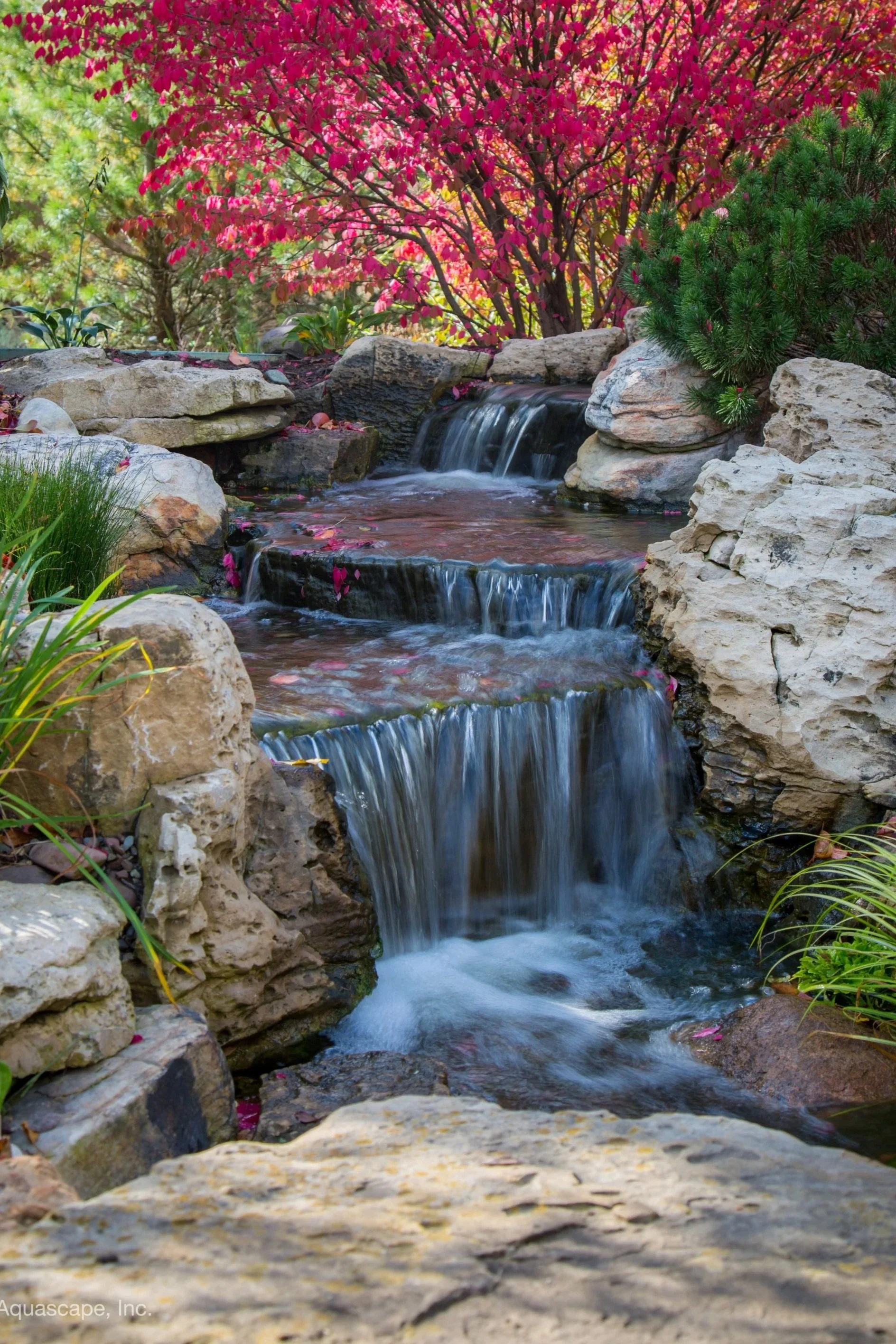 Natural stone pondless waterfall with multiple waterfall drops, decorative boulders, and colorful garden landscaping.