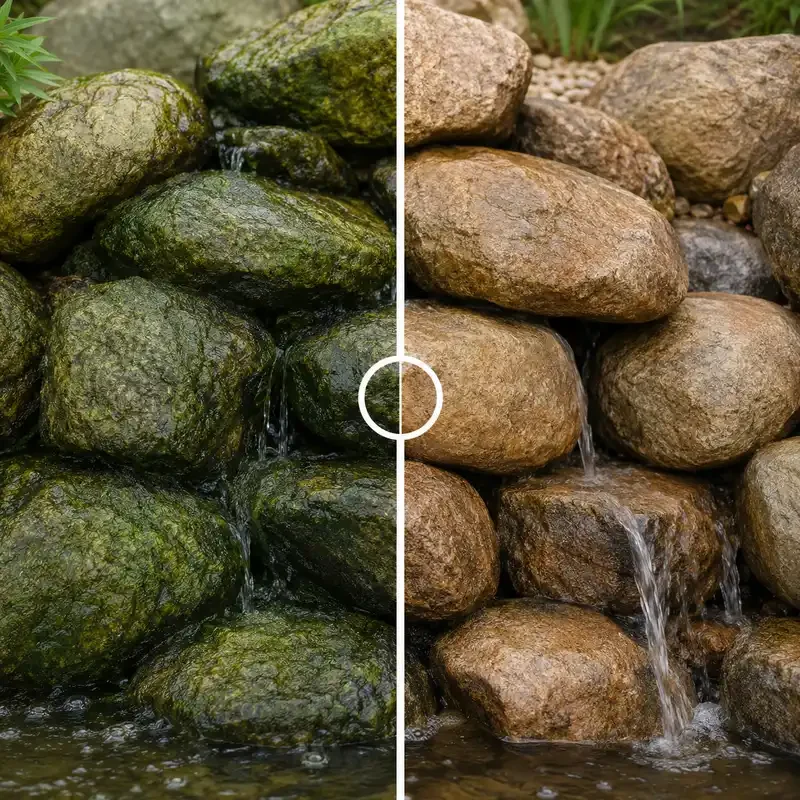 A split image showing two rock water features. The left side has mossy green rocks with water flowing over them, while the right side has smooth brown rocks with water trickling between and from the top.