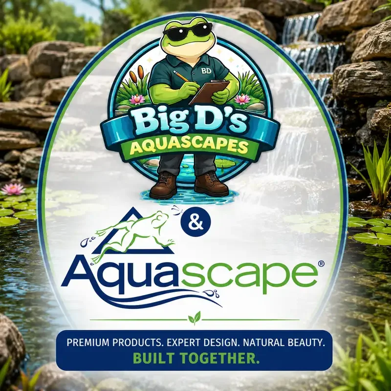 Logo for Big D's Aquascapes and AquaScape company featuring a cartoon frog wearing sunglasses and a shirt, standing in front of a pond with lily pads and lotus flowers, with a waterfall in the background.