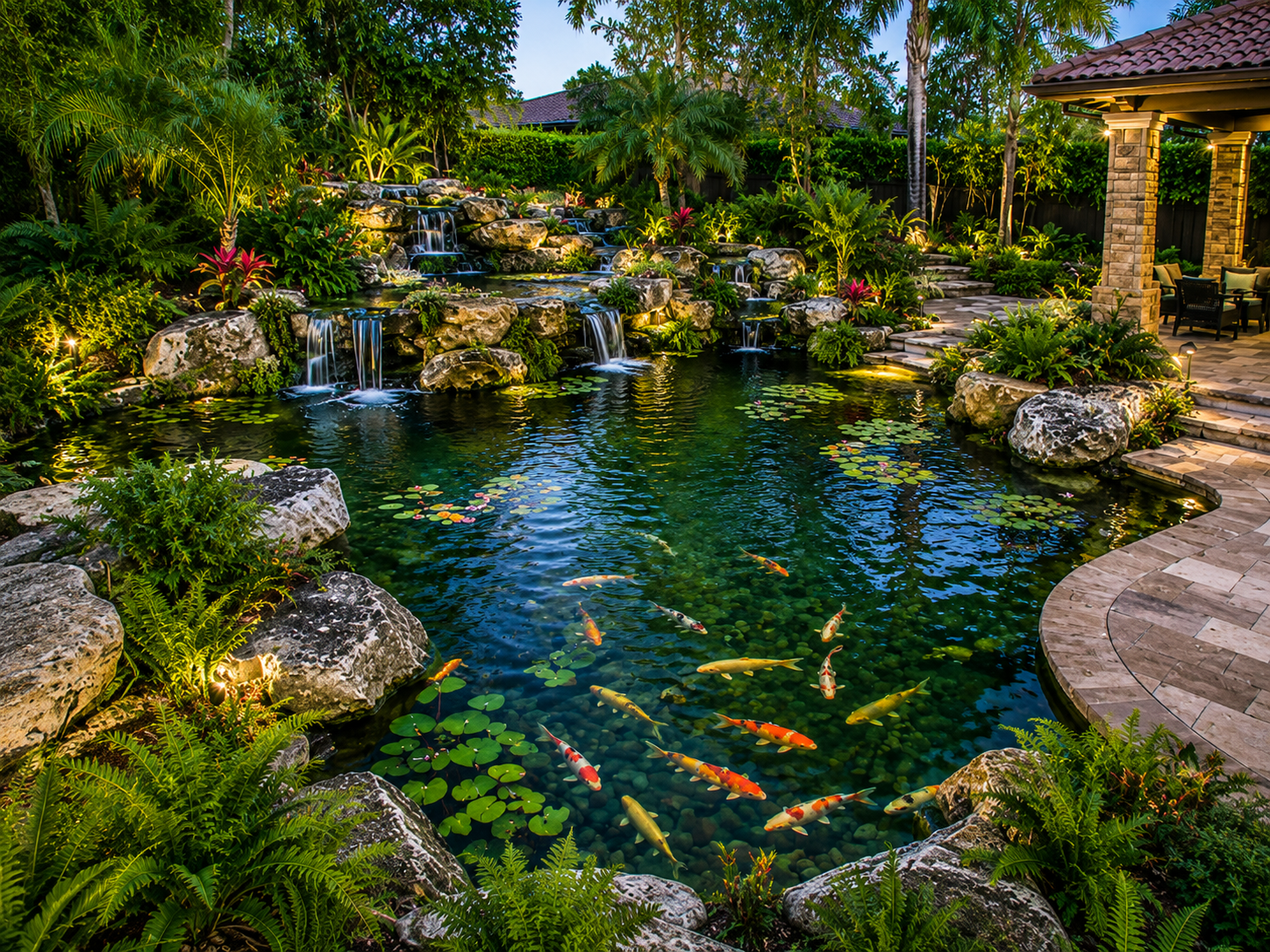 Aquascape Estate Pond measuring 21 by 26 feet, featuring expansive koi habitat, cascading waterfalls, aquatic plants, and natural stone landscaping.
