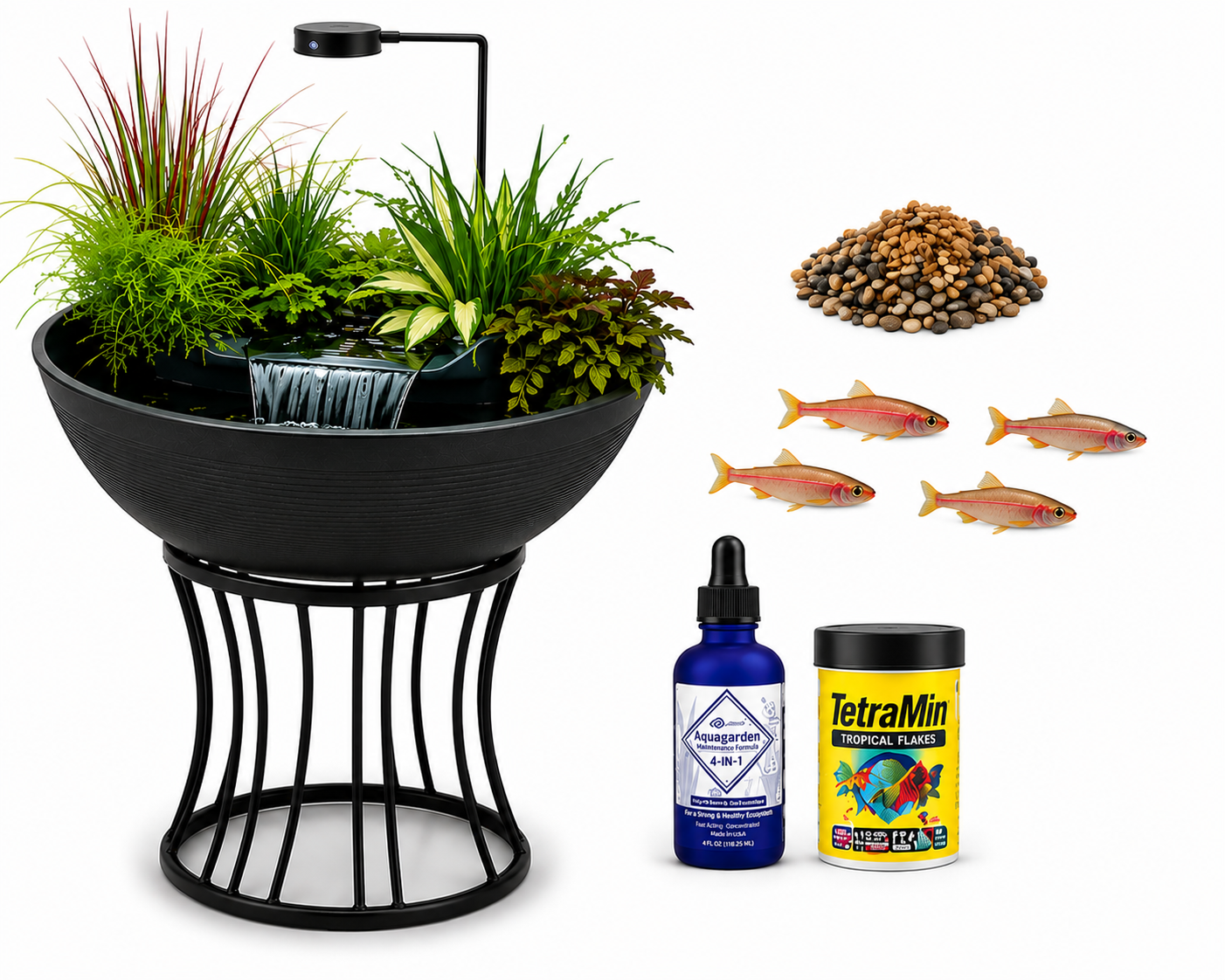 Aquascape Mini Pond with stand and LED plant light featuring a spillway waterfall, decorative gravel, and a compact indoor or outdoor water garden.