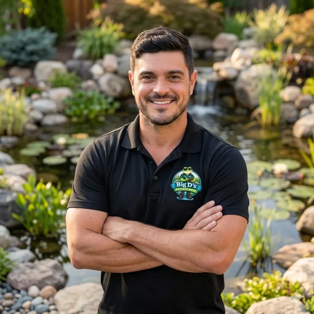 A man standing outdoors in front of a pond with rocks and plants, smiling with arms crossed, wearing a black polo shirt with a logo that says 'Big D's' and features a cartoon frog.