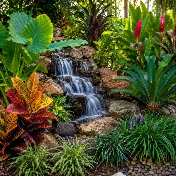 A small waterfall flowing over rocks in a lush tropical garden with various green, red, pink, and purple plants.