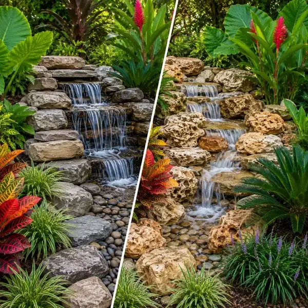 Comparison of two garden water features with small waterfalls, surrounded by lush tropical plants and colorful foliage.