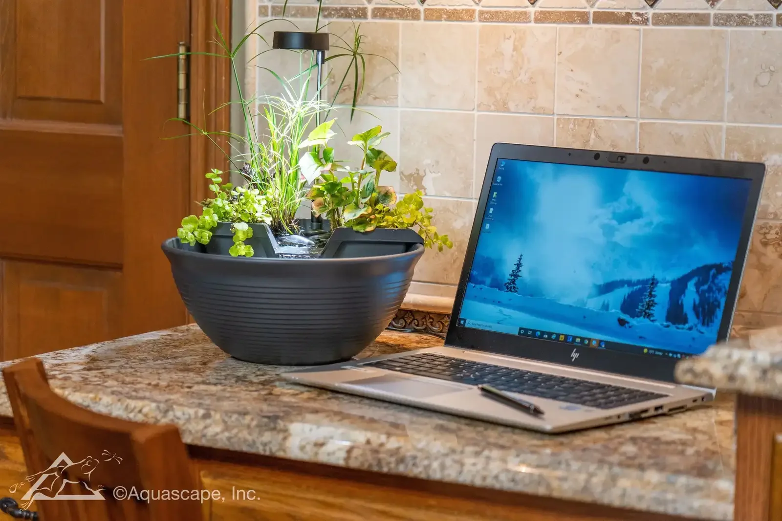 A laptop computer and a potted plant on a granite kitchen counter with a brick backsplash.
