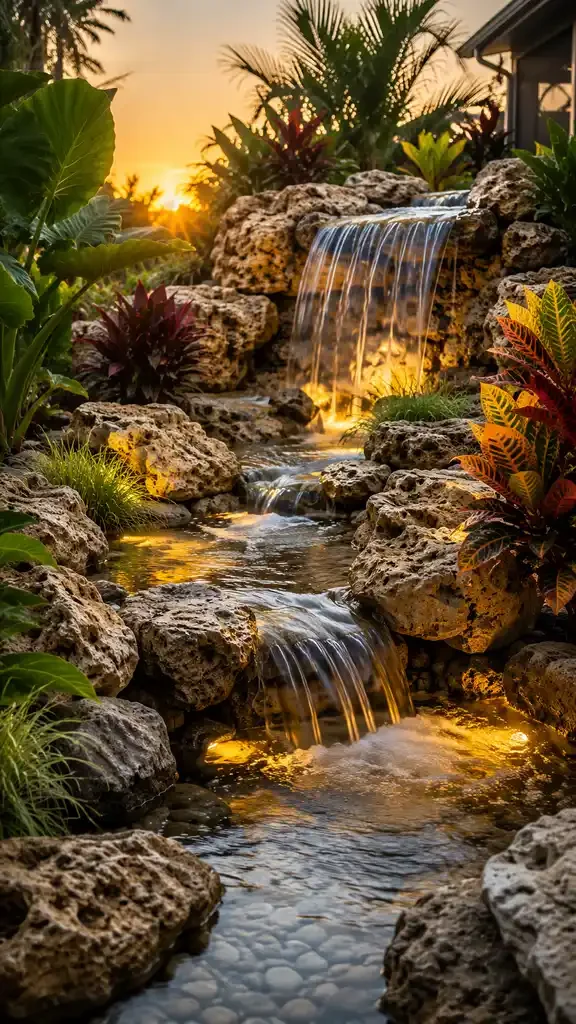 A small multi-tiered waterfall flowing over rocks surrounded by lush tropical plants with colorful leaves, illuminated by warm sunlight at sunset.