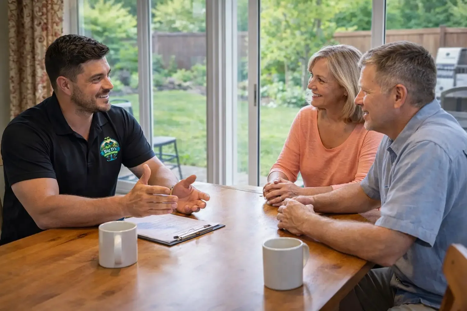 A man in a black shirt with a logo titled 'Big D's' is sitting at a wooden table, engaging in a conversation with a smiling woman in an orange top and a man in a light blue shirt, with two coffee mugs on the table, in front of a large window showing a green backyard.