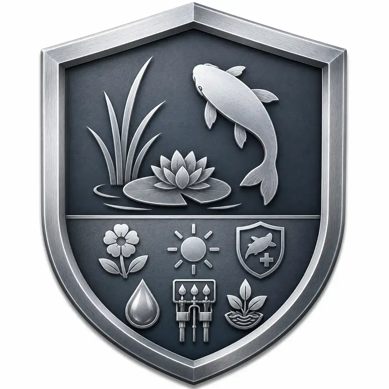 A metallic badge or emblem with a shield shape, featuring a koi fish, water plants, a water drop, a sun, a medical cross, and gardening or environmental symbols.