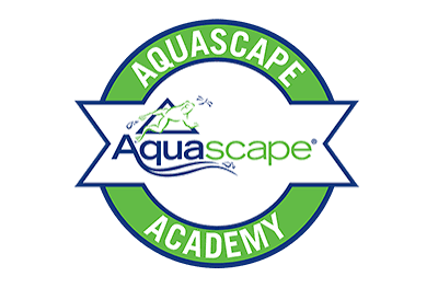 Logo for Aquascape Academy with a green and blue circular emblem and stylized text.