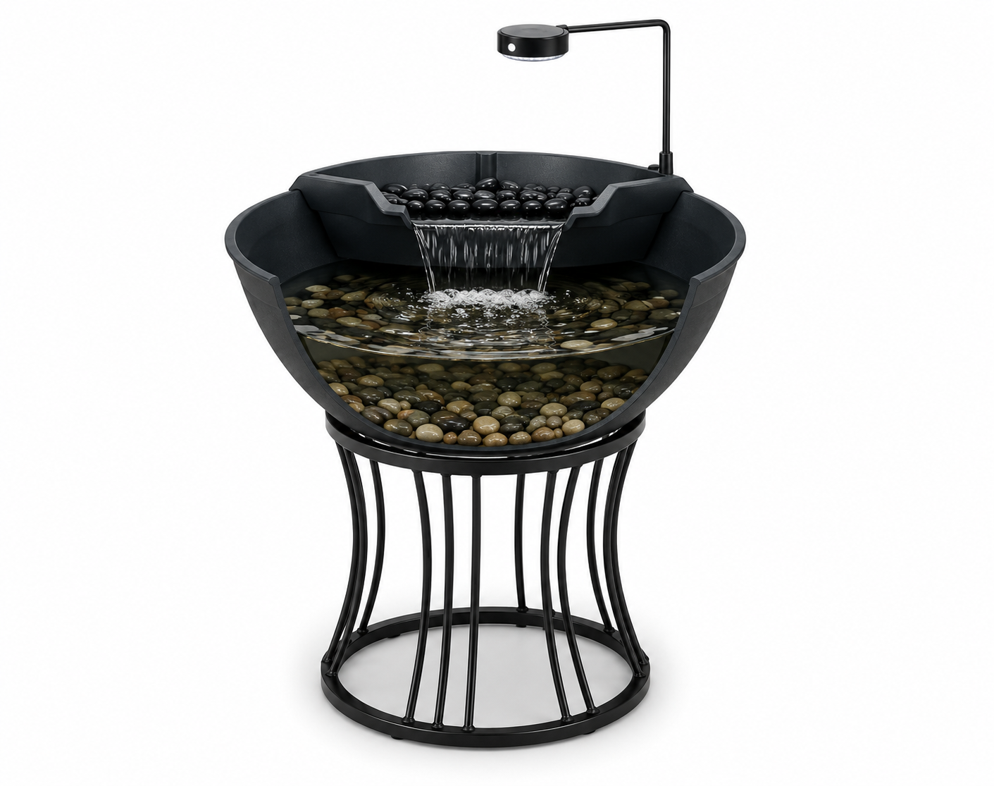Complete Aquascape Mini Pond package with stand, LED grow light, aquatic plants, fish, fish food, water treatment, and decorative gravel.