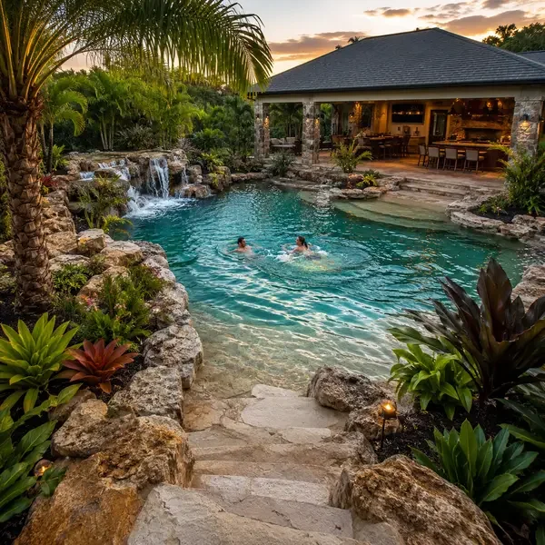 Two people swimming in a backyard pool surrounded by rocks and lush tropical plants, with a waterfall feature, a patio with outdoor dining, and a sunset sky.