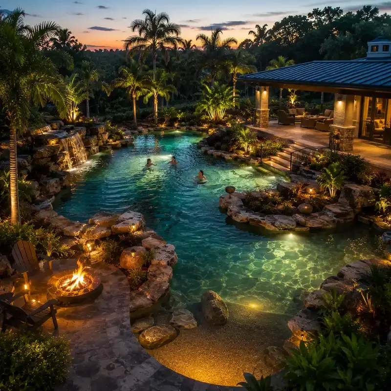 A backyard pool with waterfalls, surrounded by lush tropical plants, palm trees, and outdoor seating area, illuminated by soft lighting at dusk.