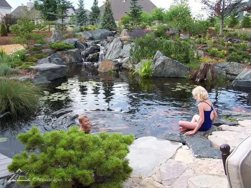 Two children, a boy and a girl, enjoying a pond with rocks, water lilies, and landscaping in a backyard.