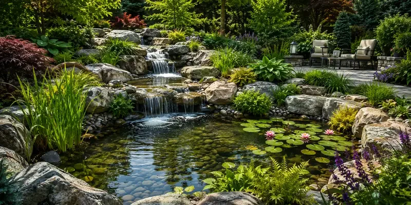 A landscaped garden with a small cascading waterfall into a pond, surrounded by rocks, lush green plants, and colorful flowers, with outdoor seating in the background.