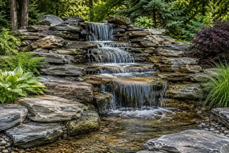 A small waterfall cascading over layered rocks in a lush green garden with various plants.