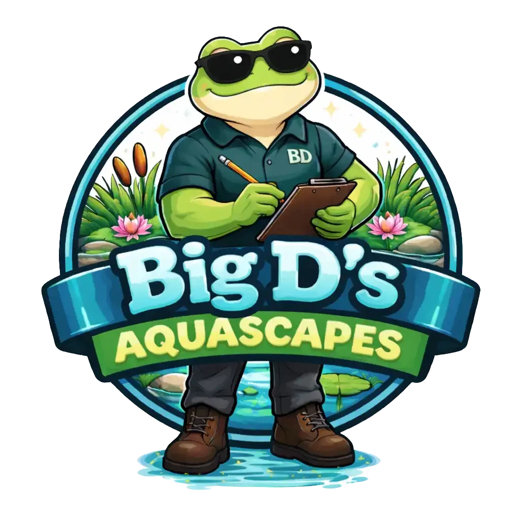 A cartoon frog wearing sunglasses, a dark shirt with 'BD' on it, and brown boots, standing in front of a pond surrounded by lotus flowers and grasses. The frog holds a clipboard and a pencil, and the logo reads 'Big D's Aquascapes'.