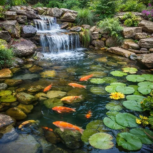 A serene garden pond with a small waterfall surrounded by rocks, lily pads, yellow water lilies, and orange koi fish swimming in clear water.