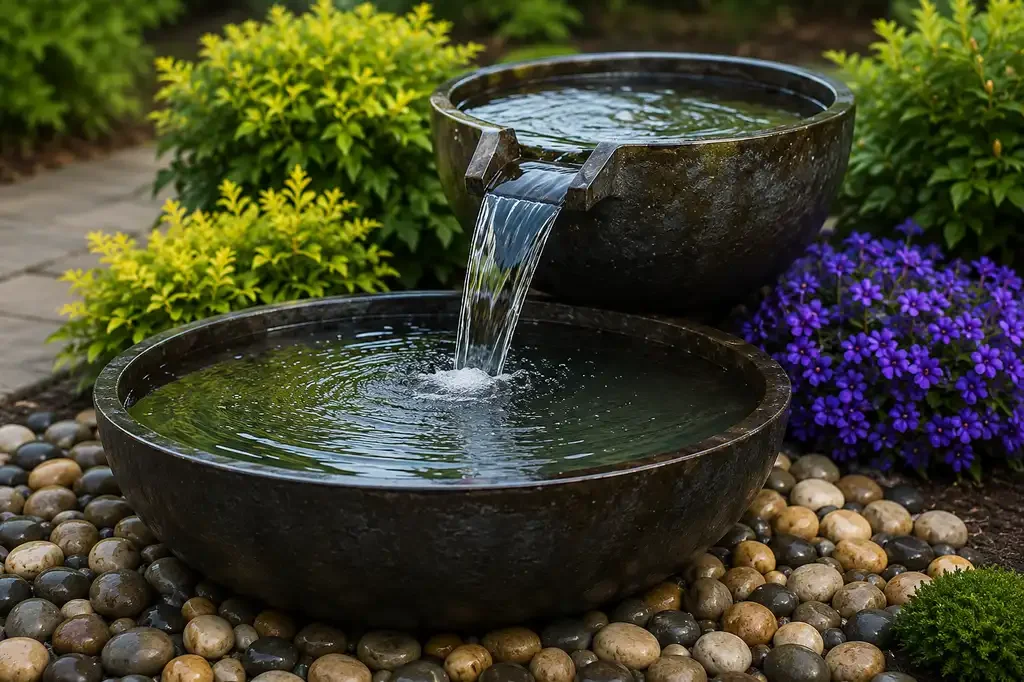 Two black stone garden bowls with water, one pouring into the other, surrounded by green shrubs and purple flowers, with a stone pebble ground.