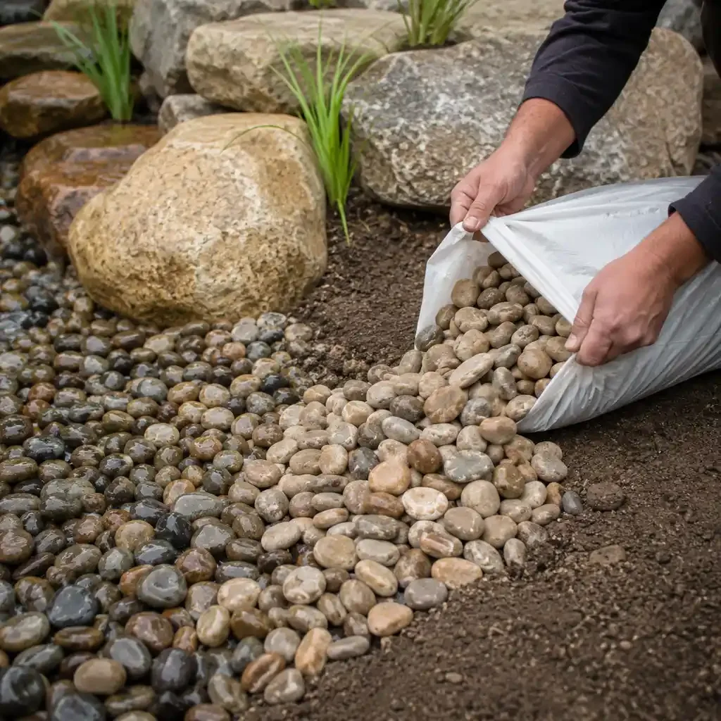 Person placing small gray and brown pebbles into a garden bed, with larger rocks and green plants in the background.